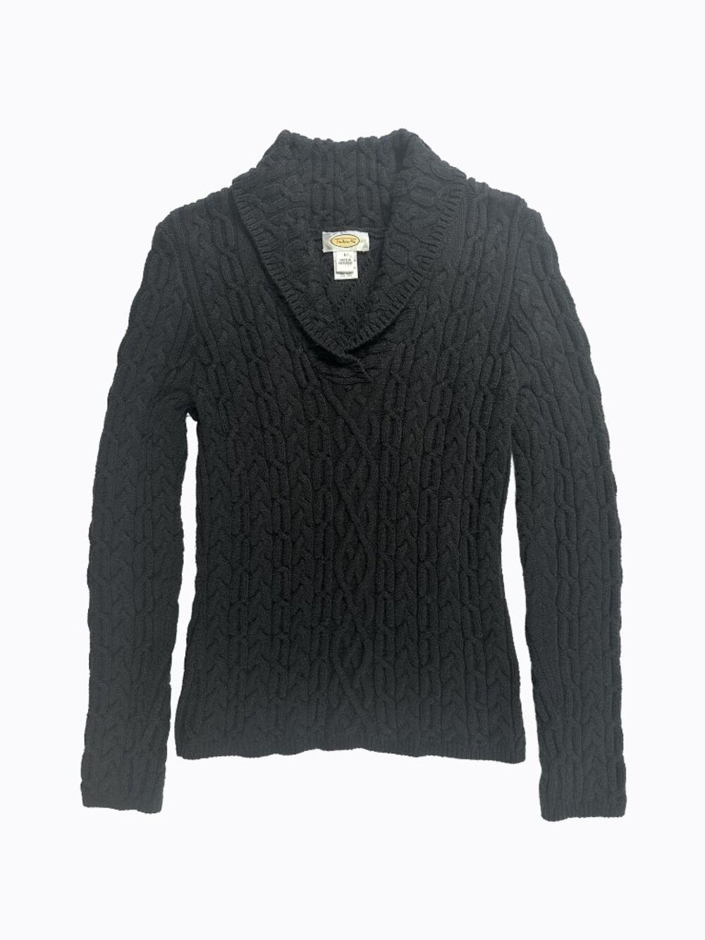 Black Fisherman Cable Knit Sweater S Shawl Collar Y2K 90s Preppy Dark Academia